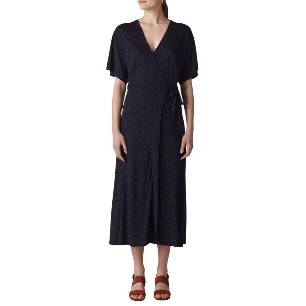 WHISTLES‎ Spot Wrap Jersey Dress Size 10  Polka Dot Wrap Midi Flutter Sleeve